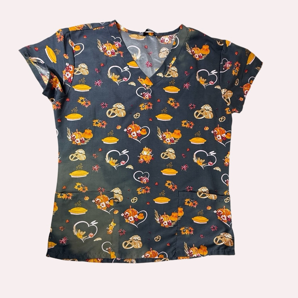 Serene Uniforms Short Sleeve Tee S Gray Orange Fall Print